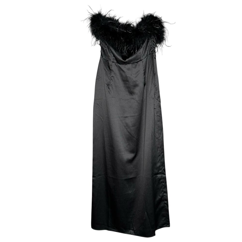LULUS Black Sleeveless‎ Feather Trim LBD Midi Dress Women's Size XS Strapless
